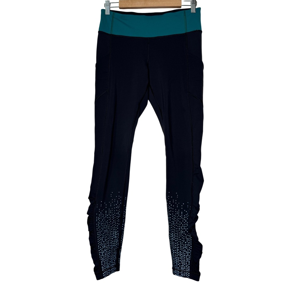 Lululemon Tight Stuff Tight Black Teal Reflective Dot Ruched Leggings Womens 8